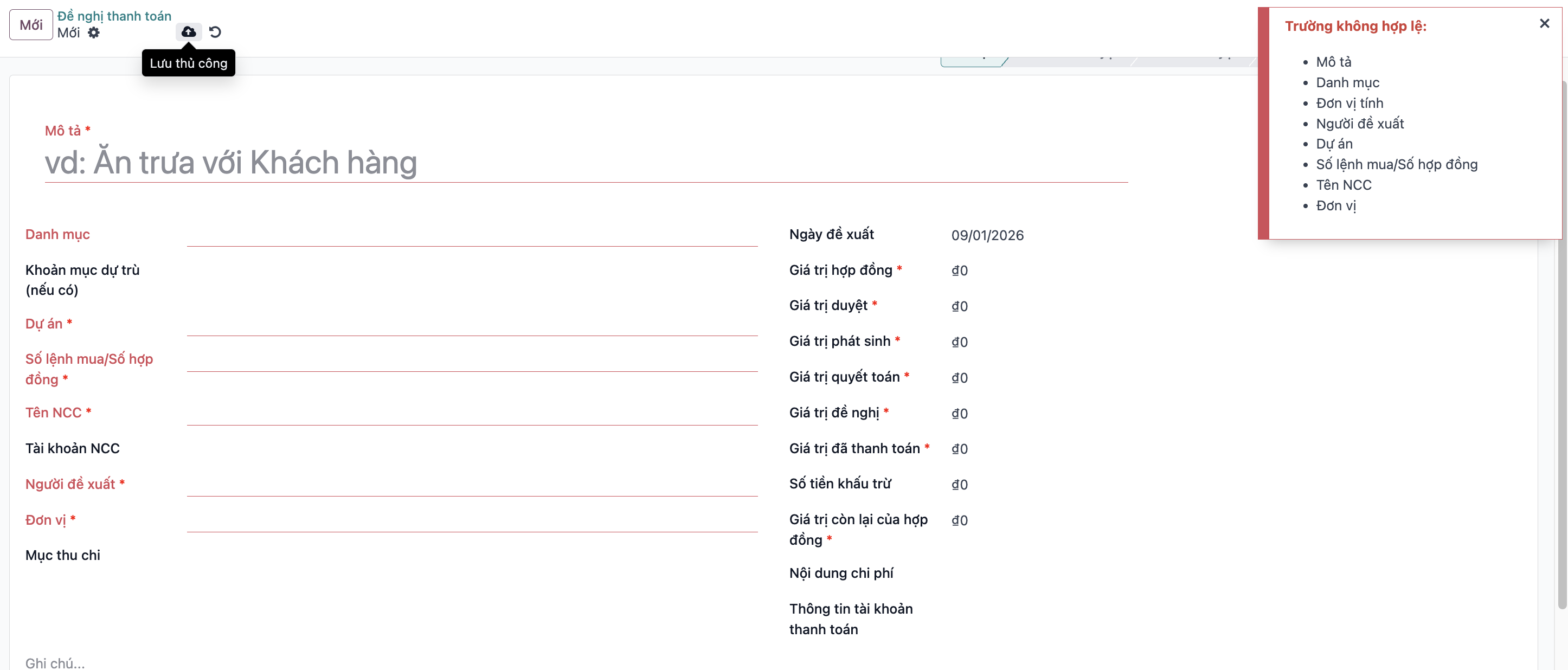 Filling payment request header and selecting PO contract