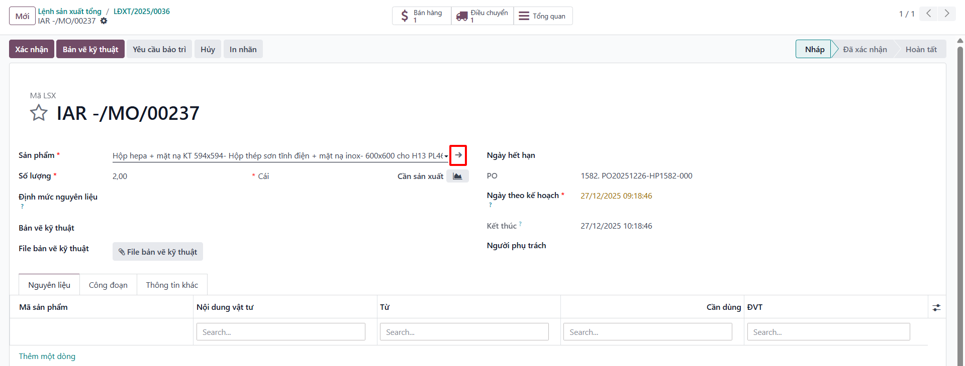 Child manufacturing order detailed form