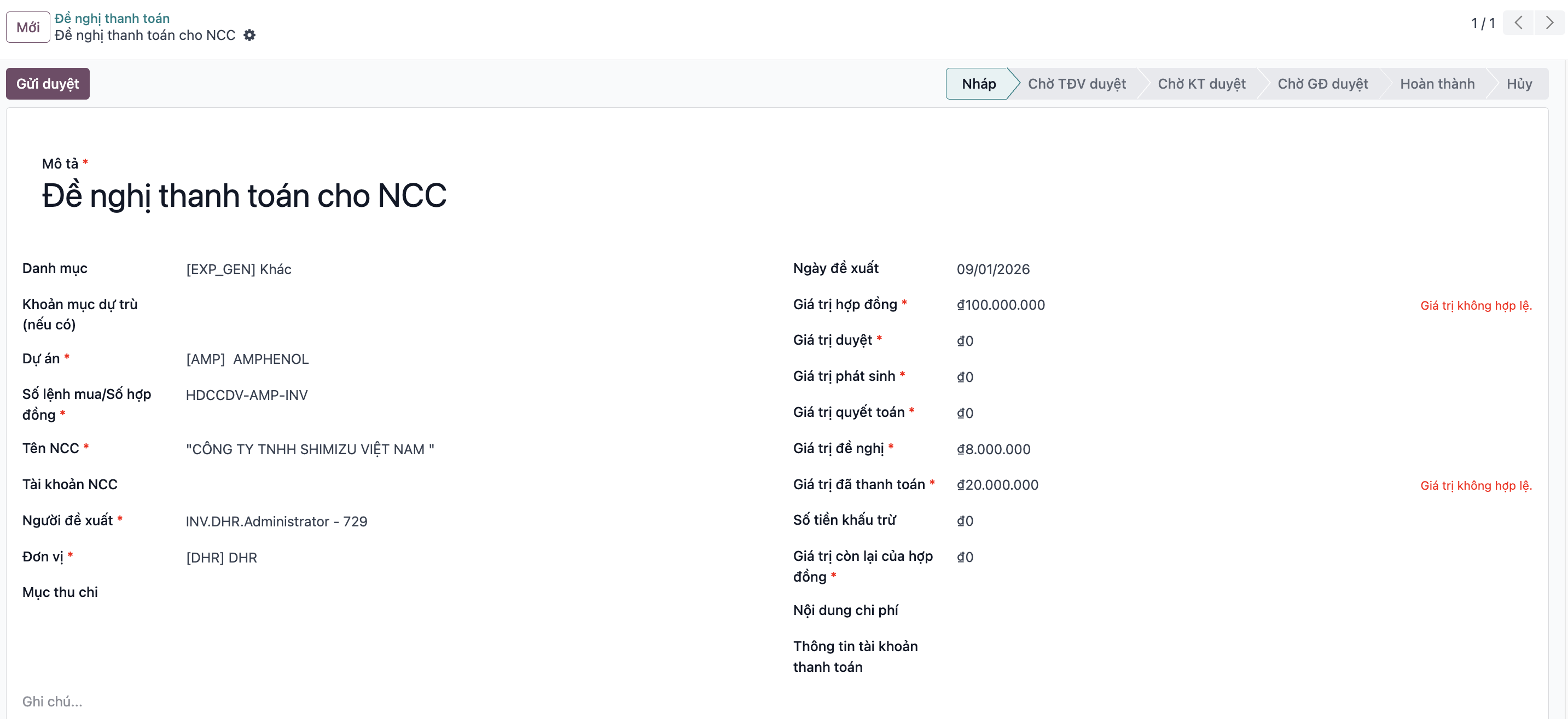 Saving payment request in draft status
