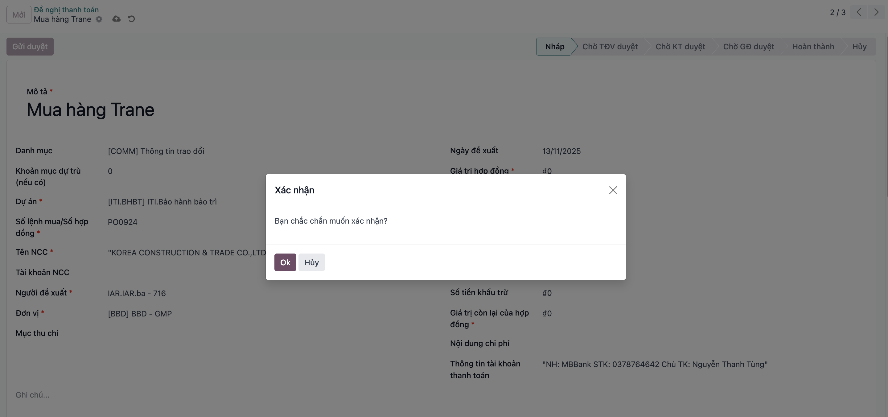 Payment request submitted to accounting department