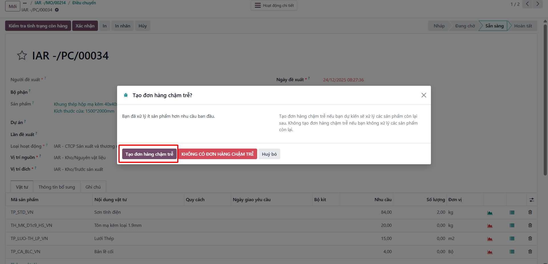 Post-production inbound transfer to finished goods warehouse