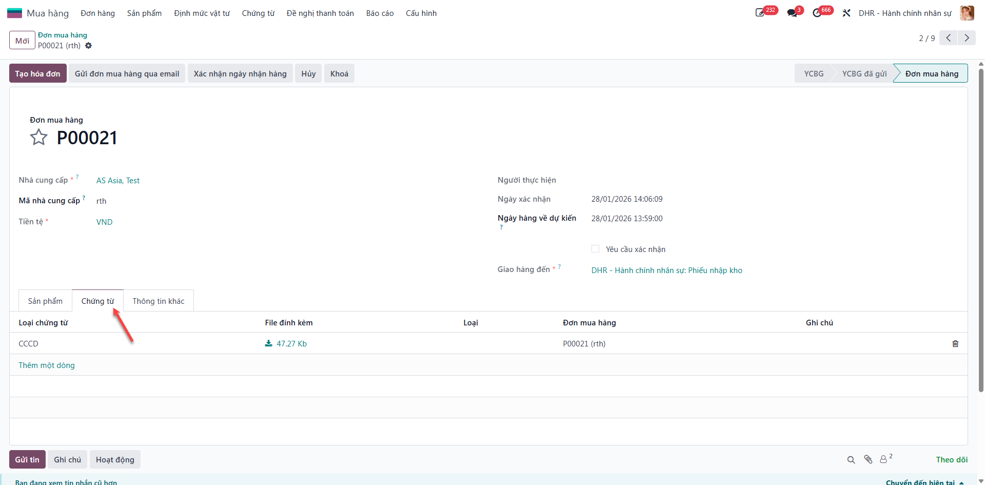 Documents tab on purchase order form