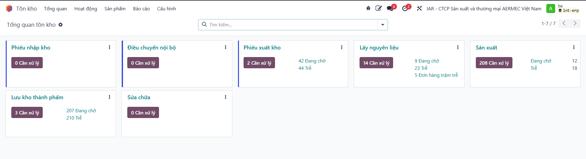 Inventory management dashboard and operational transfer types