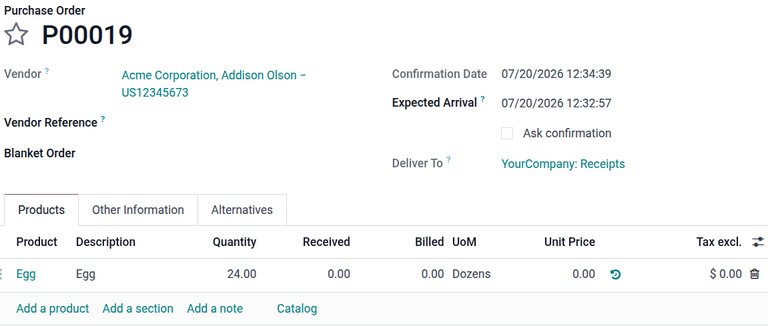 Image of a purchase order that is using the purchase unit of measure.
