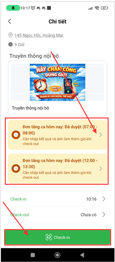 Tap the Check-out button directly for today shift