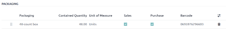 Add a packaging barcode in the Inventory tab of the product form.