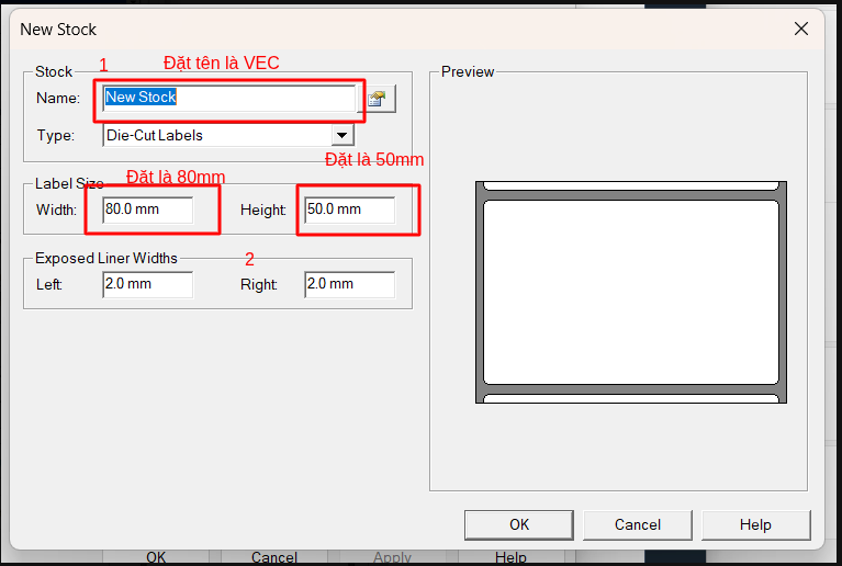 Setting label dimensions and paper size
