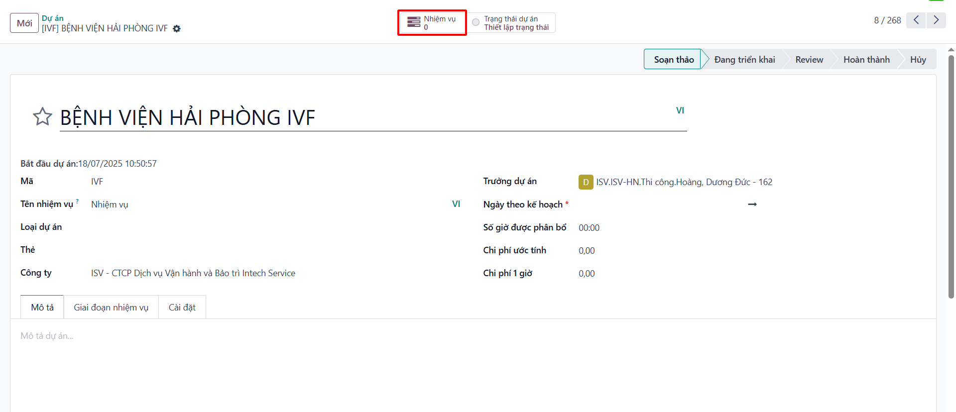 Tasks smart button on project details
