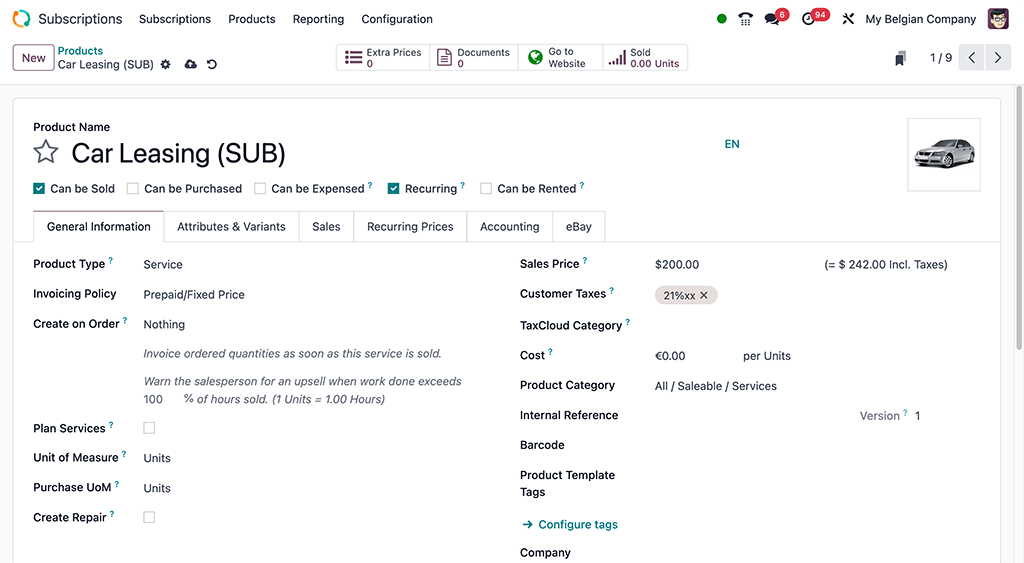 A basic subscription product form in Odoo Subscriptions application.