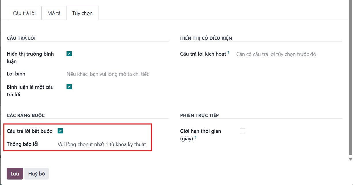 Configuring single choice options and validation