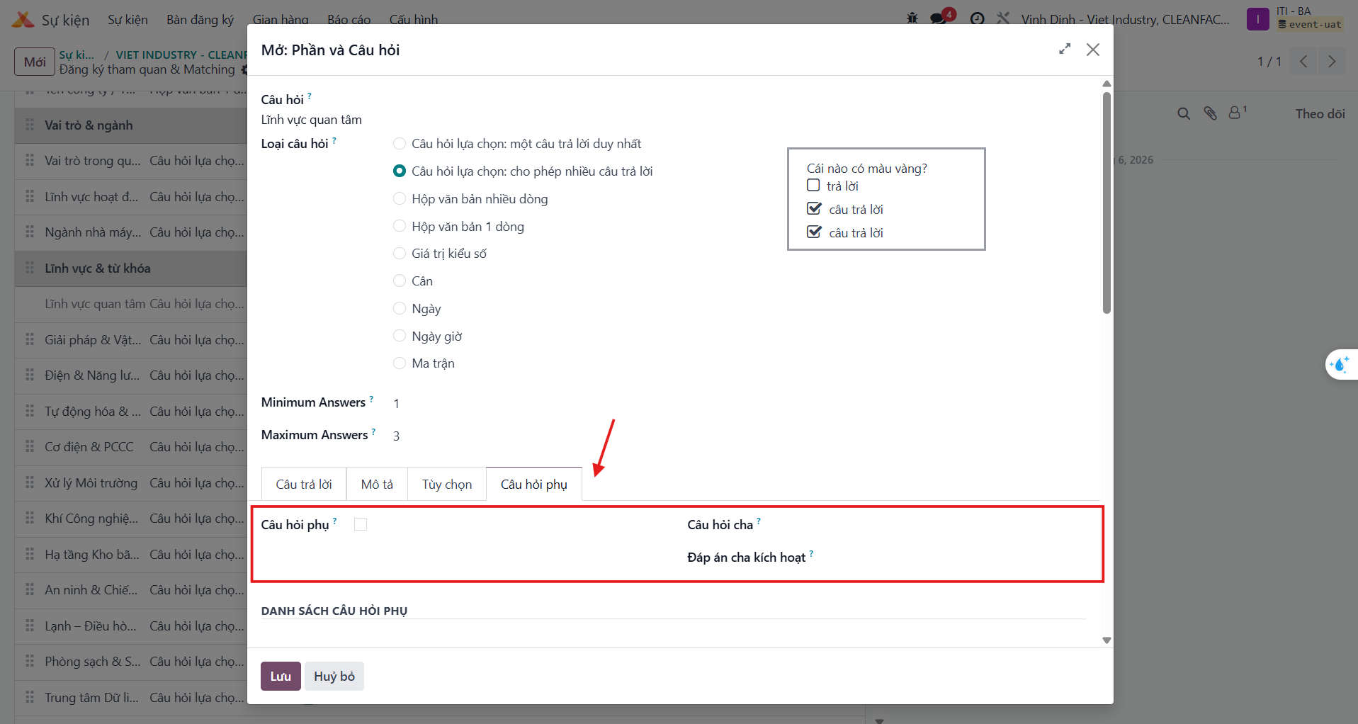 Configuring parent question and triggering choice