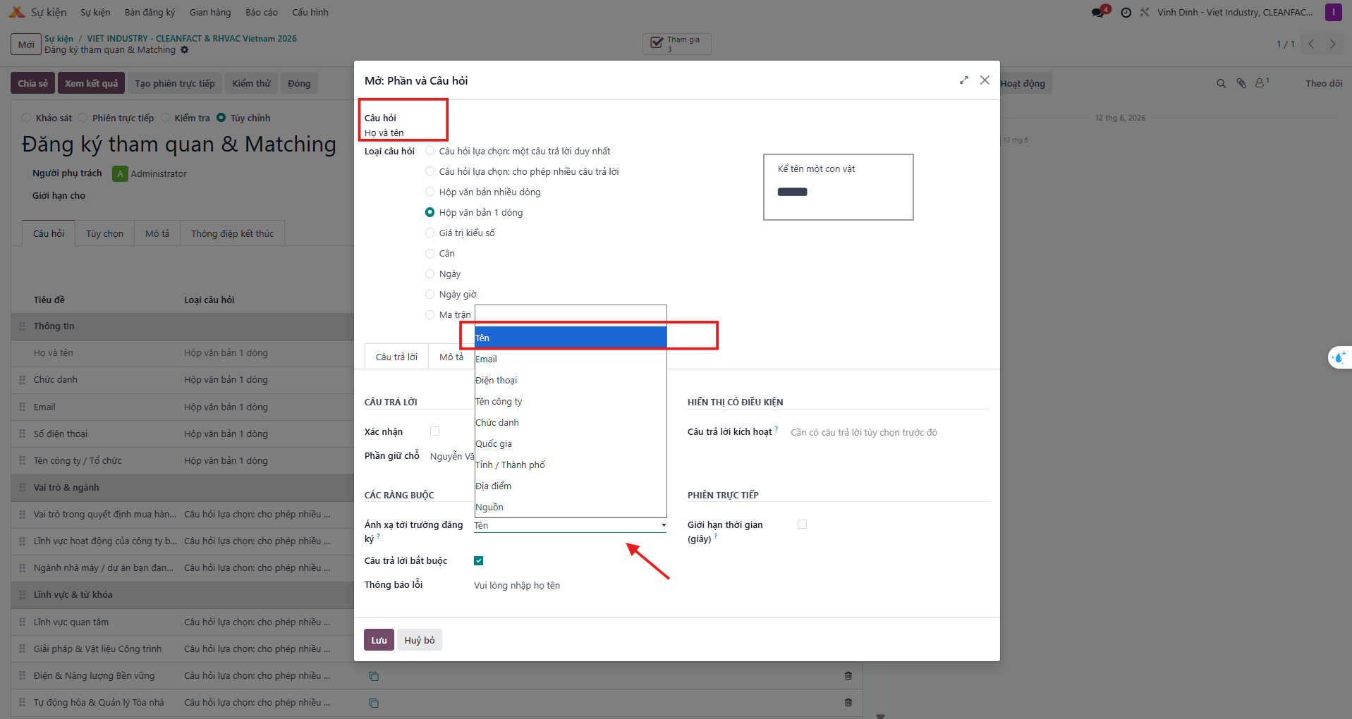 Mapping survey question to attendee registration field