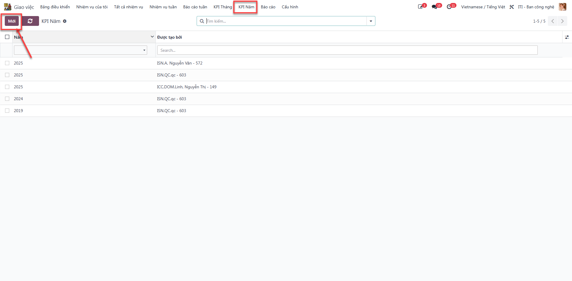 Truy cập menu KPI Năm, tạo mới bản ghi