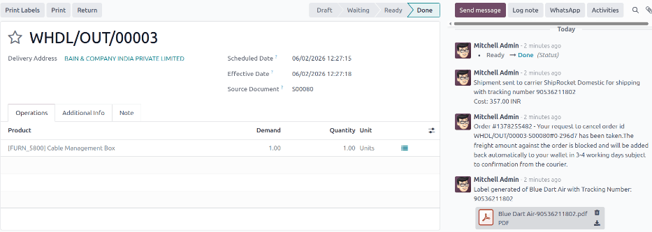 After the delivery is validated, a label is generated.