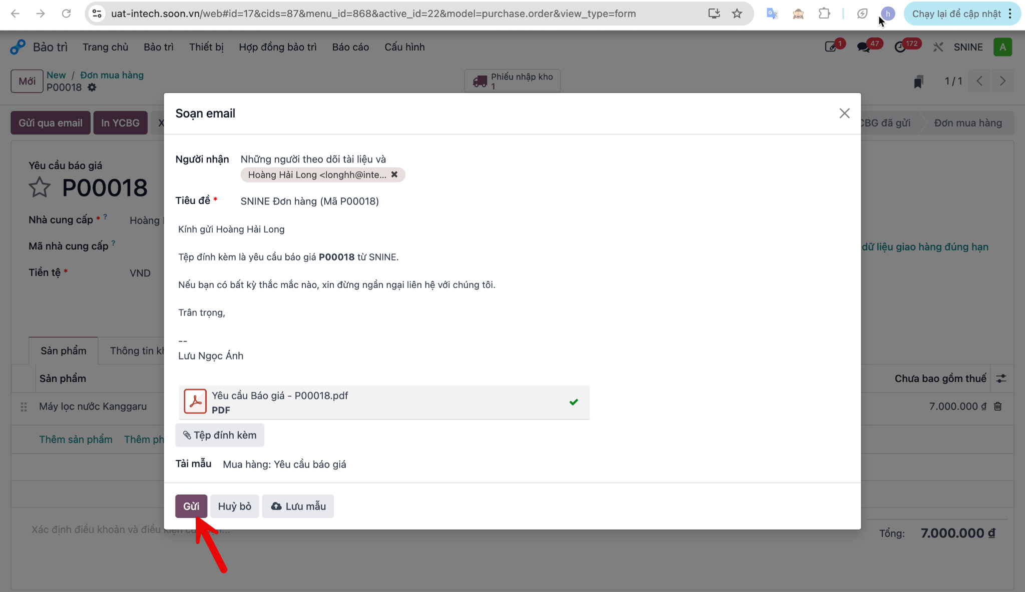 Cửa sổ soạn email gửi đơn hàng cho nhà cung cấp