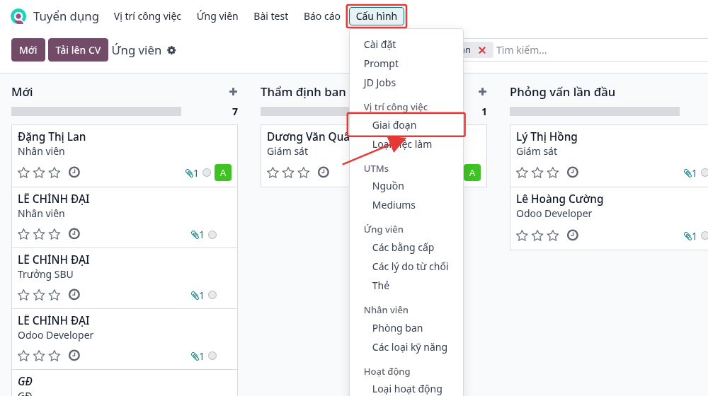 Menu Giai đoạn trong cấu hình Tuyển dụng
