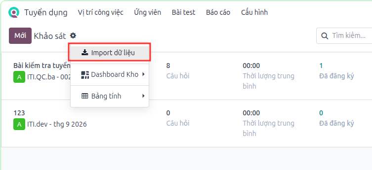 Chức năng Import bộ câu hỏi trong menu Khảo sát