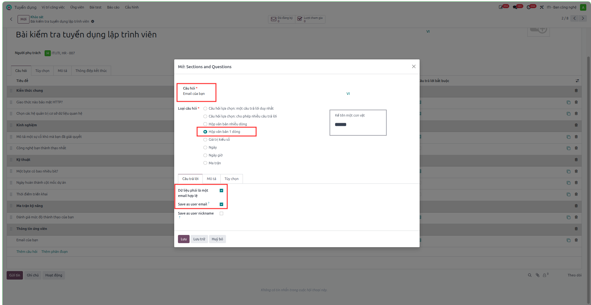Câu hỏi hộp văn bản 1 dòng dùng để lưu email