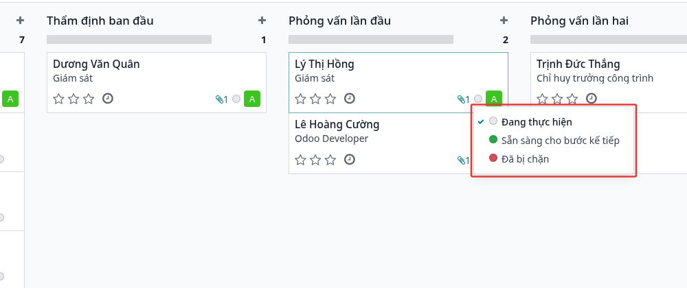 Chấm trạng thái trên thẻ ứng viên