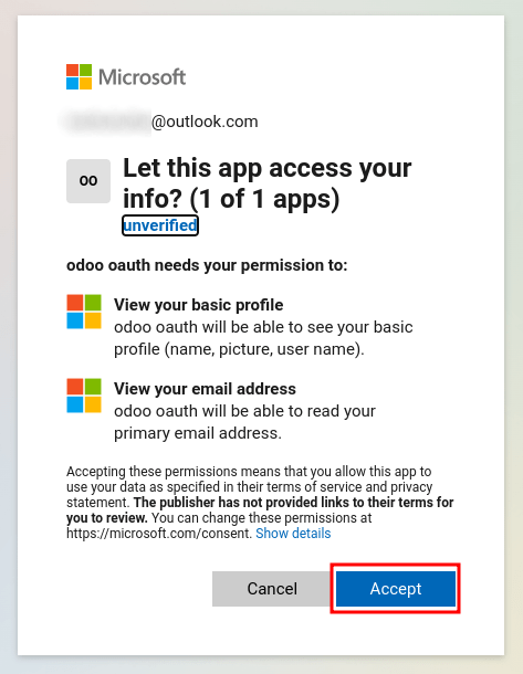 Chấp nhận các điều kiện của Microsoft để cấp quyền truy cập vào thông tin tài khoản của bạn.