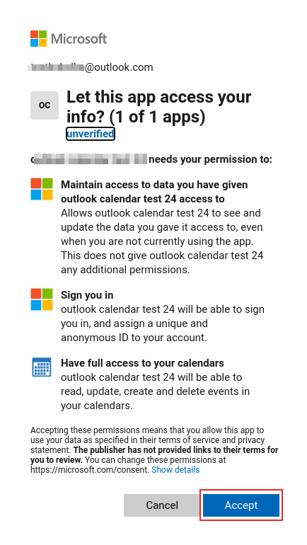 Quy trình xác thực trên trang OAuth Microsoft Outlook.