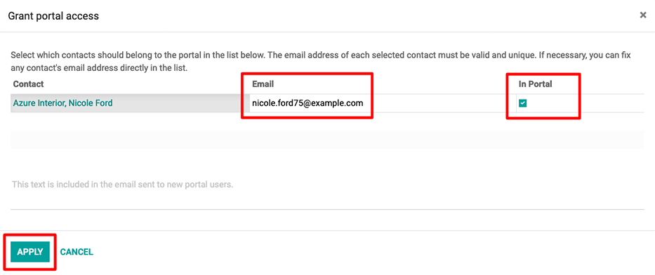 Một địa chỉ email và ô đánh dấu tương ứng cho liên hệ cần được điền vào trước khi gửi lời mời cổng thông tin.