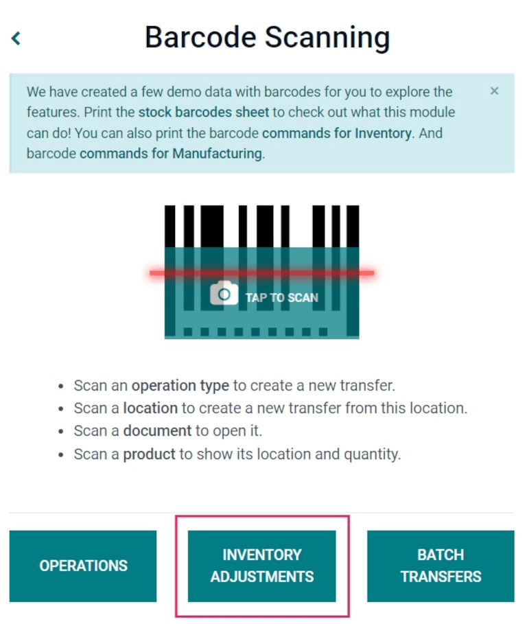 Màn hình bắt đầu ứng dụng Barcode với máy quét.