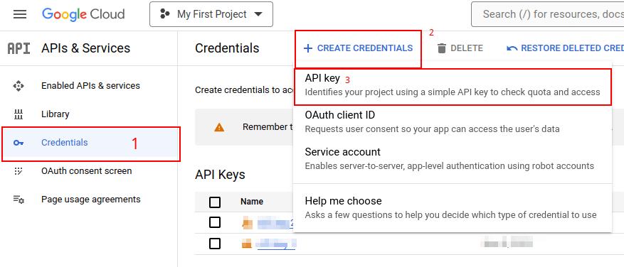 Tạo khoá API trong bảng điều khiển API của Google.