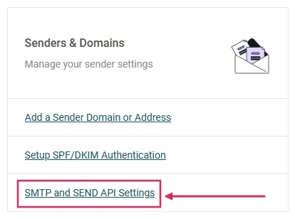 Liên kết Cài đặt SMTP và Send API trong phần Senders & Domains của Mailjet.