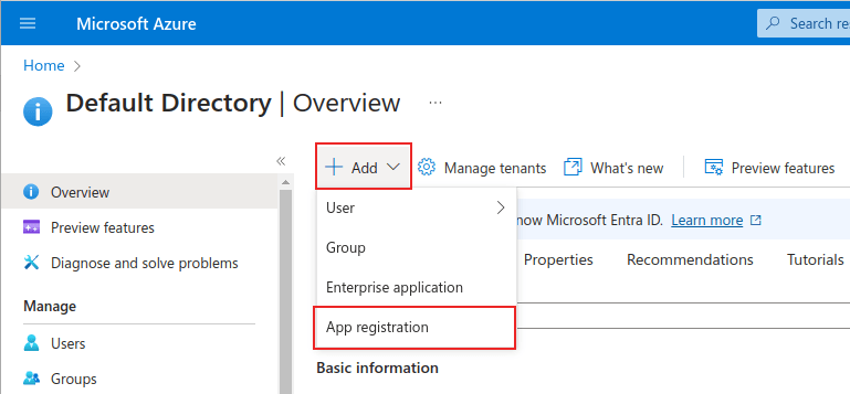Trang quản lý Microsoft Azure với + Add và App Registration được đánh dấu.