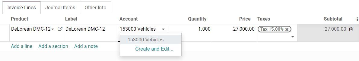 Lựa chọn Tài khoản Tài sản trên hóa đơn nháp trong Odoo Kế toán