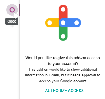 Nút Authorize Access trong thanh bên phải của bảng điều khiển plugin Odoo.