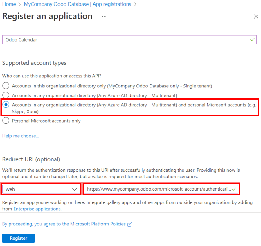 Cài đặt "Loại tài khoản được hỗ trợ" và "URI chuyển hướng" trong cổng Microsoft Entra ID.