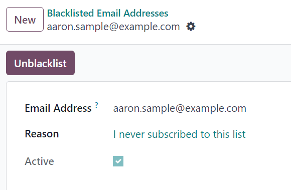 Chế độ xem biểu mẫu chi tiết liên hệ bị chặn trong Odoo Email Marketing.