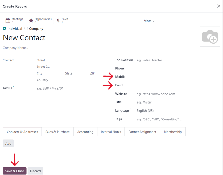 Biểu mẫu liên hệ trống từ cửa sổ bật lên launch test trong Odoo Marketing Automation.