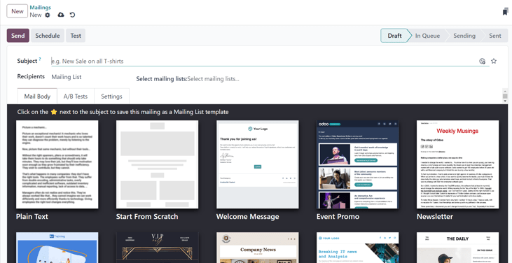 Chế độ xem biểu mẫu chi tiết email trống trong ứng dụng Tiếp thị qua Email của Odoo.
