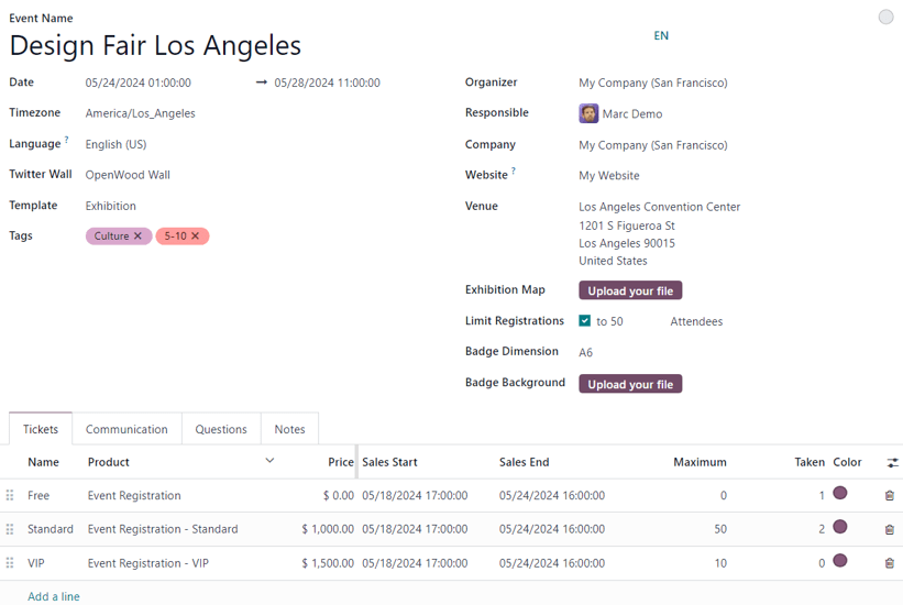 Mẫu sự kiện điển hình trong ứng dụng Sự kiện Odoo.