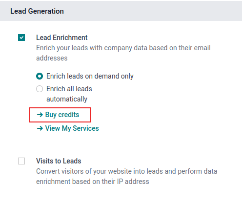 Mua tín dụng từ cài đặt tăng cường lead.