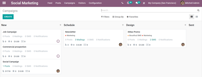 Chế độ xem trang chiến dịch trong ứng dụng Marketing trên Mạng xã hội Odoo.