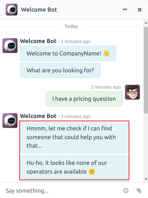 Hình ảnh các thông báo theo dõi của chatbot khi không có nhân viên hỗ trợ trực tuyến.
