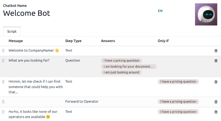 Xem kịch bản Welcome Bot trong Odoo Live Chat.