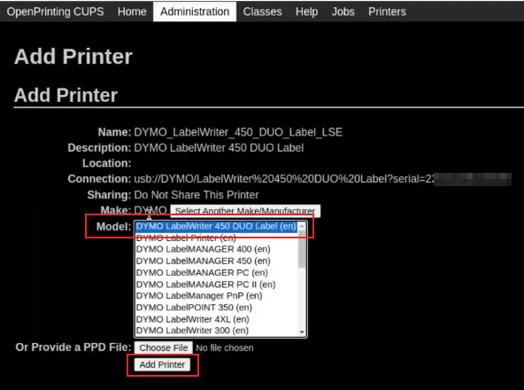 Màn hình chọn model trên bảng điều khiển OpenPrinting CUPS với model và add a printer được đánh dấu.