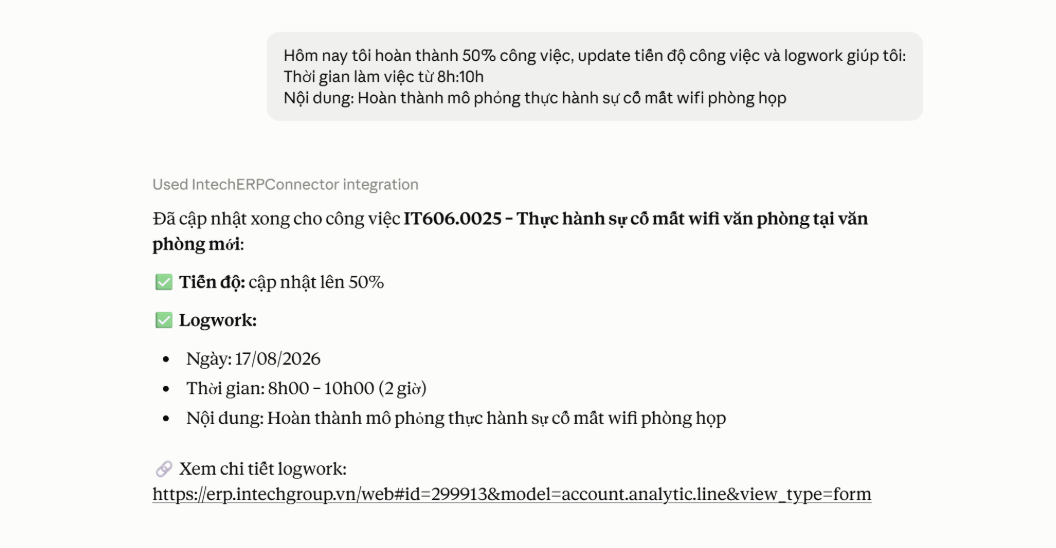 Câu lệnh ghi logwork trên Claude