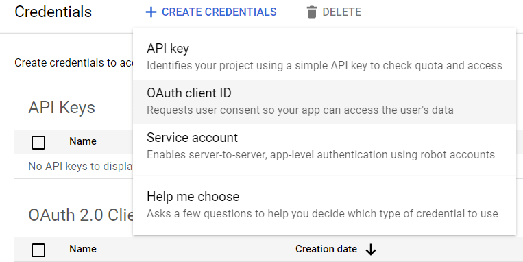 Lựa chọn OAuth client id.