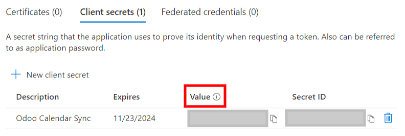 Token "Bí mật máy khách" cần sao chép từ Microsoft sang Odoo.