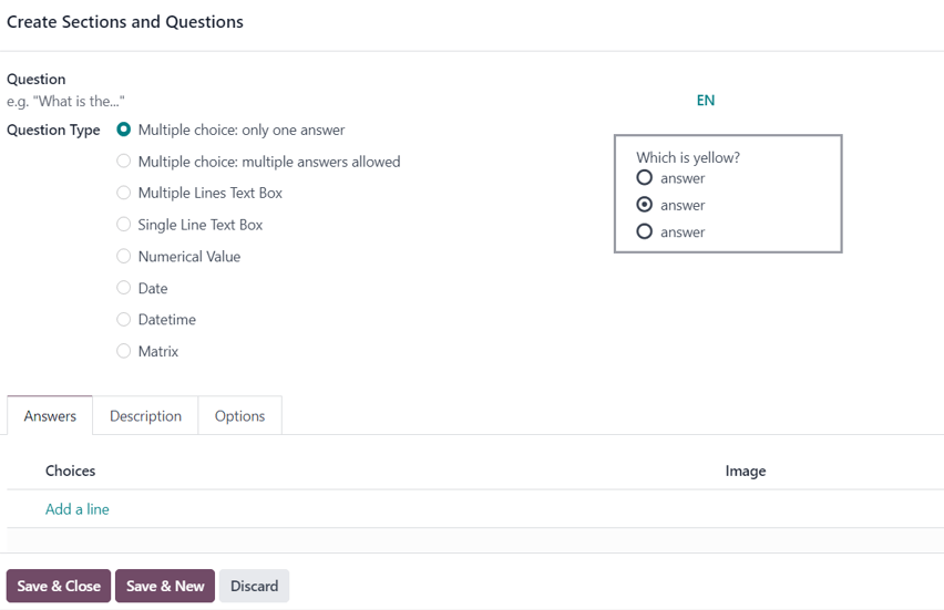 Biểu mẫu bật lên Create Sections and Questions trong Odoo Surveys.
