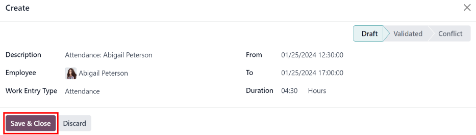 Điền vào biểu mẫu Tạo mục nhập công việc trong Odoo.