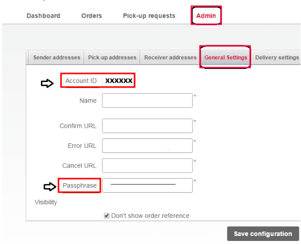 Trong tab *Admin*, hiển thị Account ID và Passphrase.