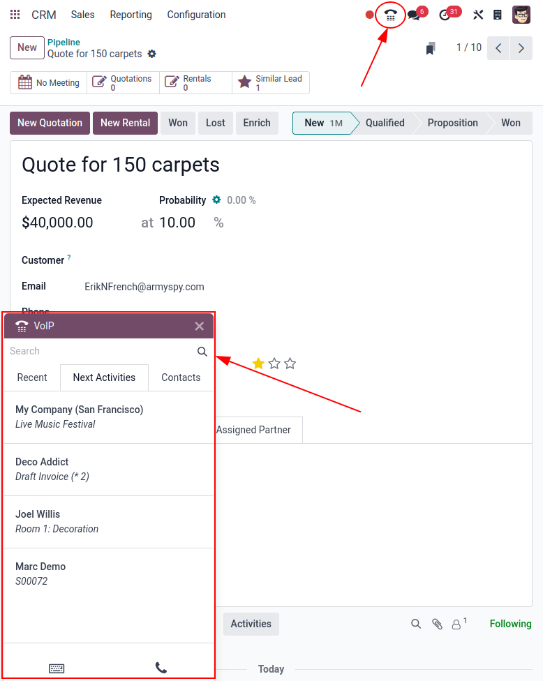 Xem các khách hàng tiềm năng CRM và tùy chọn lên lịch hoạt động cho Odoo Discuss.