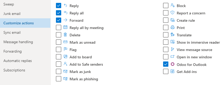 Hành động tùy chỉnh Odoo for Outlook
